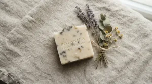An authentic Aleppo soap laurel oil bar featured in a buying guide flat lay with natural linen and dried herbs on a wooden table.