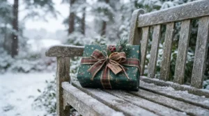 An olive oil soap gift set tied with red ribbon for holiday shopping in a snowy setting.