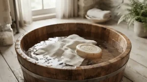 A gentle bath time scene using hypoallergenic castile soap for sensitive skin for delicate care.