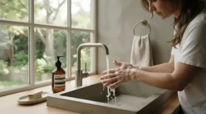 Someone thoroughly washing their hands with mild castile soap for sensitive skin in a modern kitchen.