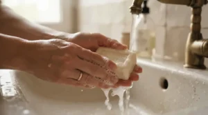 Hands creating a soft lather using fragrance-free castile soap for sensitive skin under running water.