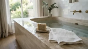 A relaxing bath setting featuring minimal-ingredient castile soap for sensitive skin on a marble ledge.