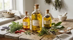 Raw ingredients including saponified olive oil used to make castile soap for sensitive skin on a table.