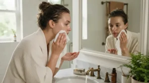 A person washing their face carefully with mild castile soap for sensitive skin during a daily routine.