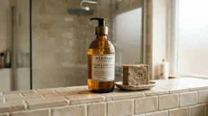 A Canadian bathroom shelf comparing castile soap vs regular soap for daily body care routines.