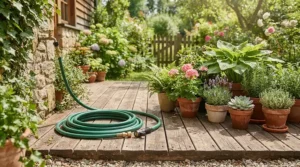 An outdoor garden scene demonstrating castile soap vs regular soap and environmental impact.