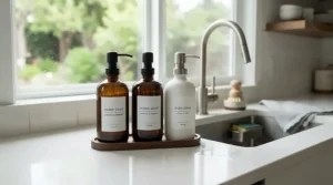 A Canadian kitchen counter showcasing castile soap vs regular soap for dishwashing and daily cleaning.