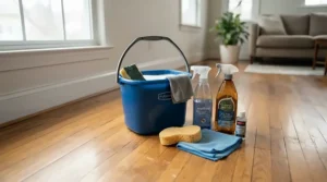 A bucket and cleaning cloths showing castile soap vs regular soap used for multi-surface chores.