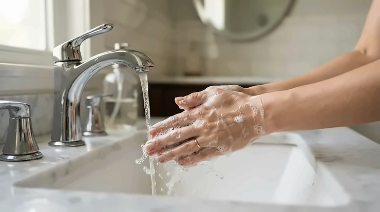 Gentle hand washing routine illustrating castile soap vs regular soap effects on sensitive skin.