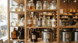 A zero-waste home pantry shelf featuring castile soap vs regular soap refills in glass jars.