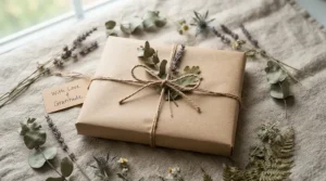 An eco-friendly olive oil soap gift set wrapped in recycled brown paper and twine.