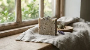An eczema-safe castile bar of olive oil soap for eczema shown on a cotton cloth during a morning skincare routine