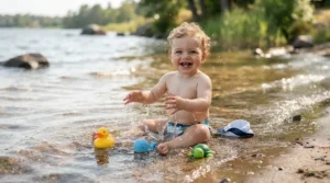 Happy infant enjoying a soothing bath with goat milk soap for sensitive baby skin.