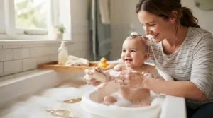 Gentle goat milk soap for sensitive baby skin being used during a warm Canadian evening bath.