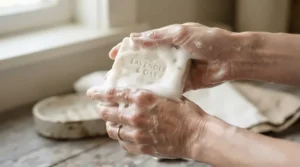 Rich lather of goat milk soap for sensitive baby skin during a gentle hand wash.