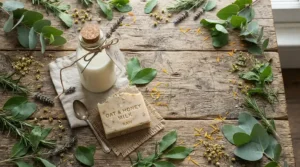 Natural ingredients paired with goat milk soap for sensitive baby skin on a rustic wooden bench.
