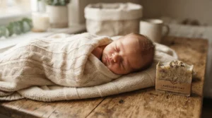 Pure goat milk soap for sensitive baby skin resting on a wooden tray beside a sleeping newborn.