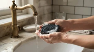 A person lathering Aleppo soap laurel oil under warm water in a cozy Canadian winter home setting.