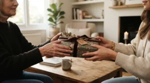 A person handing an olive oil soap gift set to a friend as a thoughtful present.