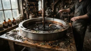 Traditional Aleppo soap laurel oil production featuring raw botanical ingredients and a large wooden cauldron.