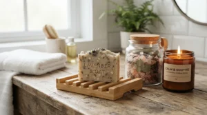 A luxury olive oil soap gift set featured in a relaxing home spa setup with lit candles.