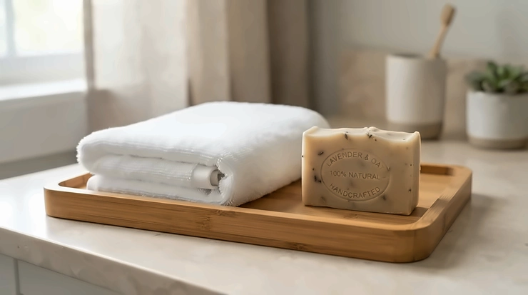 Marseille soap vs castile soap gentle skincare routine with a fluffy white towel in a spa setting