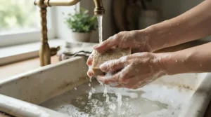 Marseille soap vs castile soap creating a rich lather during handwashing in a modern bathroom sink