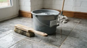 Marseille soap vs castile soap used as a multi-purpose household cleaner with a bucket and scrubbing brush