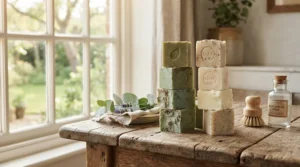 Marseille soap vs castile soap displayed as traditional green cubes on a rustic wooden board in a Canadian kitchen