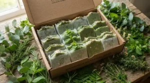 A Mediterranean-style olive oil soap gift set arranged with fresh olive branches and stones.
