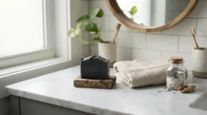 A minimalist skincare setup featuring Aleppo soap laurel oil beside a plush white cotton towel.