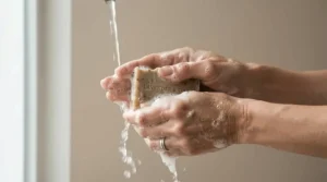 Applying lather from an organic olive oil soap for eczema to dry winter skin in a Canadian household