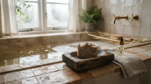 A gentle olive oil soap for eczema resting on a wooden soap dish beside a filled bathtub in a bright Canadian bathroom