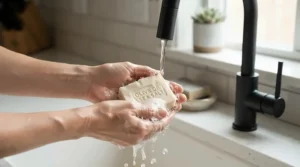 Soothing olive oil soap for eczema flare-ups being held under running warm water in a modern Canadian home sink