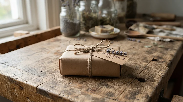 An unboxing scene showing packaged Aleppo soap laurel oil wrapped in brown paper and twine.