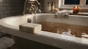 A family-safe olive oil soap for eczema sitting on the edge of a porcelain tub during a relaxing evening soak