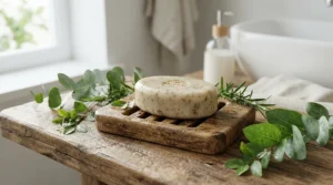 Skincare setup featuring pure castile soap for face blemishes, alongside fresh botanical ingredients on a wooden tray.