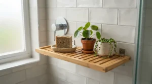 Zero-waste bathroom shelf displaying pure castile soap for face washing in a zero-waste home.
