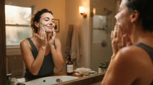 Relaxing nighttime routine incorporating pure castile soap for face washing after a long winter day.