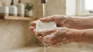 Close-up of hands creating a gentle lather of pure castile soap for face care before rinsing with warm water.