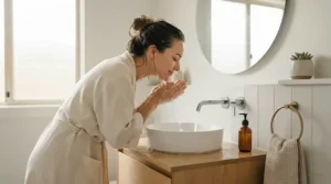 A person using pure castile soap for face cleansing during a bright morning routine in a modern bathroom.