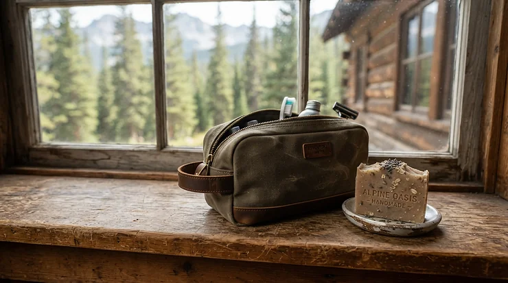 Travel pouch containing pure castile soap for face care during a weekend cabin getaway in the woods.