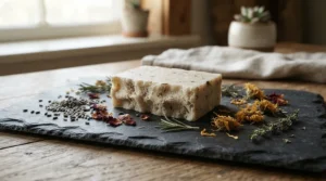 Unscented olive oil soap for eczema displayed simply on a natural slate board for conscious consumers