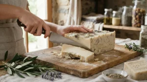 Traditional castile-style top olive oil soap bars sliced into thick chunks on a wooden cutting board with olive branches.