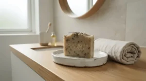 Morning skincare setup featuring top olive oil soap bars next to a white ceramic washbasin and a plush towel.