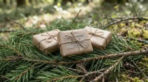 Eco-friendly wrapped top olive oil soap bars tied with twine, perfect for gifting during chilly Canadian winters.