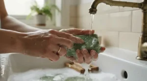 Hands creating a rich lather with one of the top olive oil soap bars under running water in a modern bathroom sink.