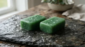 A minimalist arrangement of top olive oil soap bars displayed on a dark grey slate slab with water droplets.