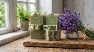 Several top olive oil soap bars neatly stacked on a rustic wooden board with a sprig of fresh lavender in a bright Canadian bathroom.
