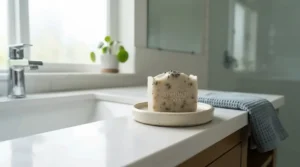 Affordable top shea butter soap bars placed on a modern sink vanity in a bright bathroom.